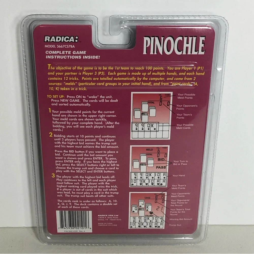 Radica Electronic Pinochle Handheld Game Travel 3667 CS7BA Gaming Hand
